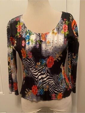 Alberto Makali Black Multi Floral & Zebra Scoop Neck Long Sleeve Top